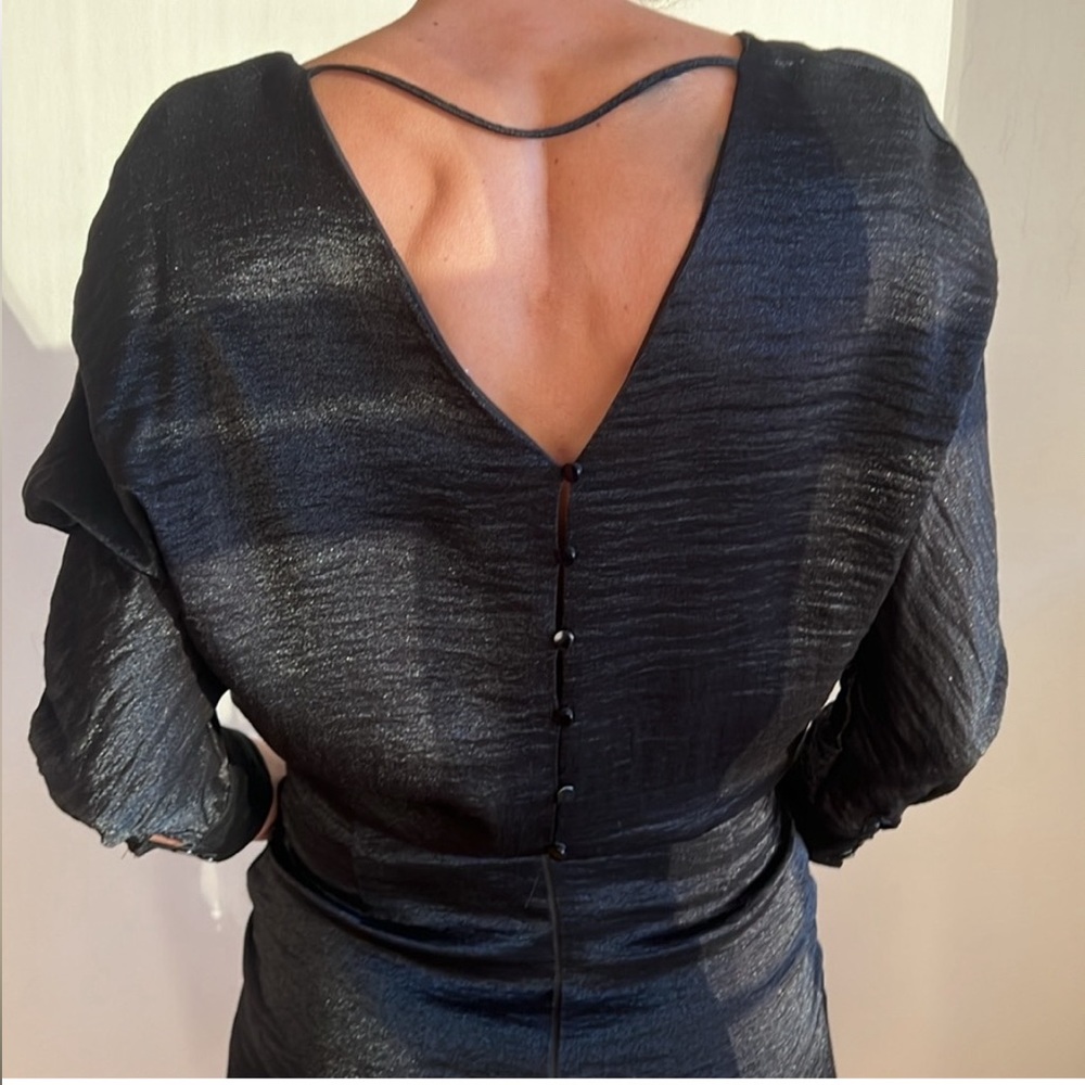 Black SATIN cocktail bossy shinny dress open back. Fits Size 8. Like new